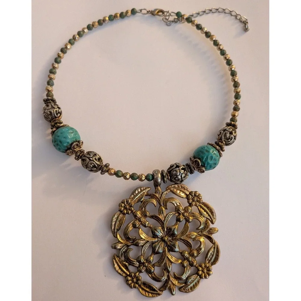 Vintage Gold Tone Filigree Floral Medallion Turquoise Bead Statement Necklace